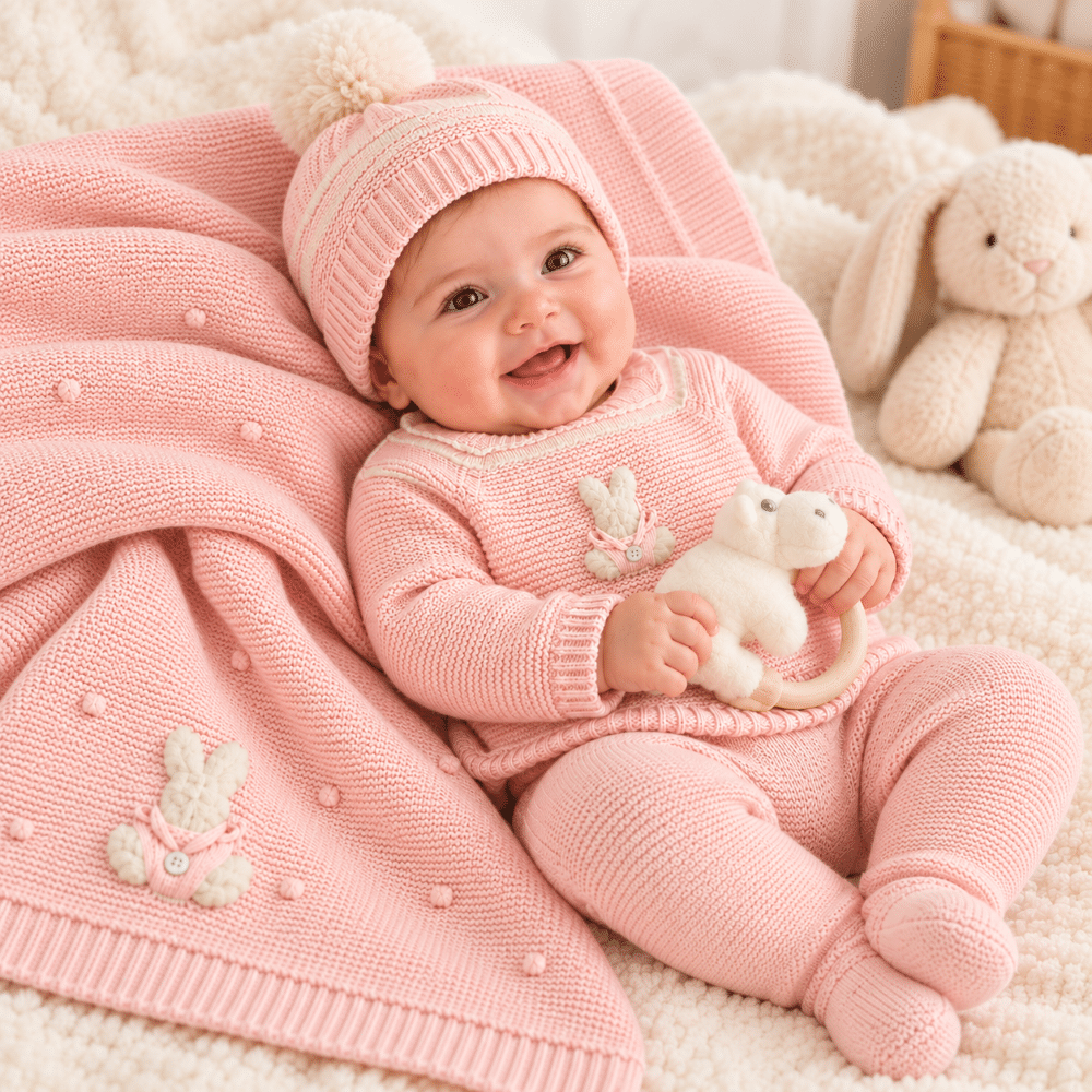 Caja Regalo, Traje 3P, polaina y Gorro pompom + toquilla punto + HIPO "RABBIT MOONLIGHT" Rosa