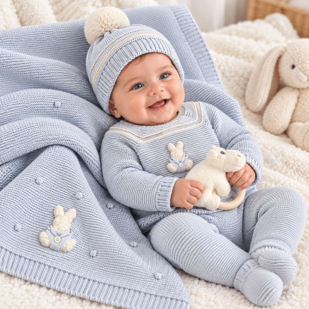 Caja Regalo, Traje 3P, polaina y Gorro pompom + toquilla punto + HIPO "RABBIT MOONLIGHT"Azul