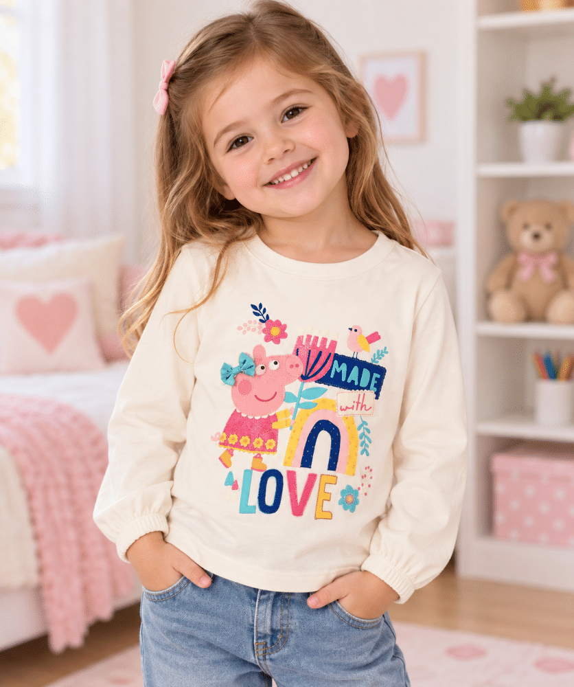 Camiseta Peppa Pig niña manga larga blanca de algodón con purpurina y lazo decorativo.