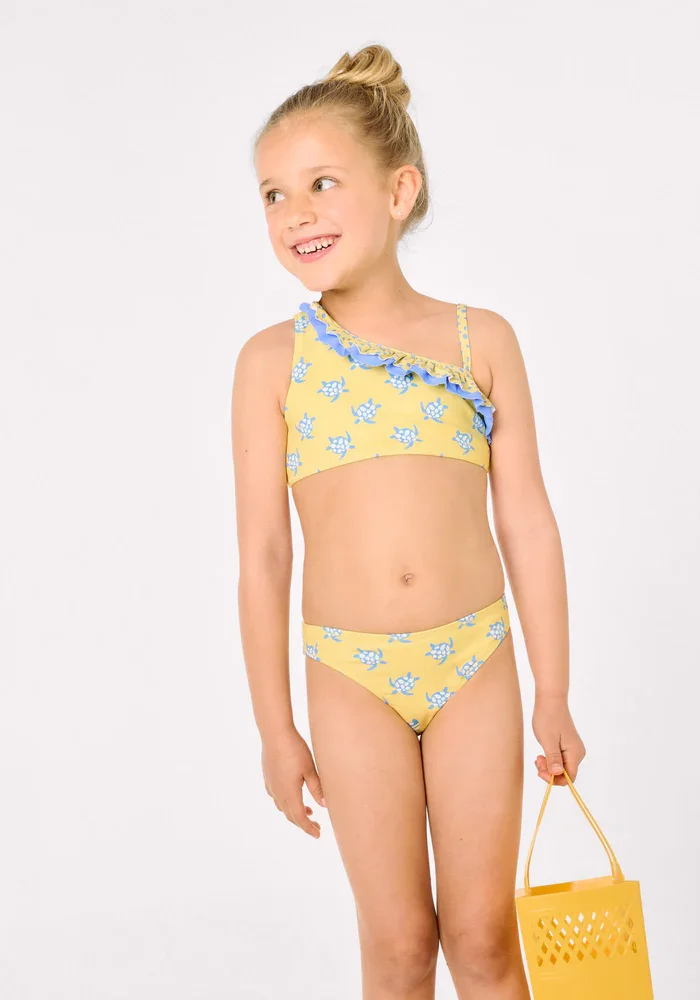 Bikini Niña Asimétrico Detalle Volantes Estampado Tortugas - Ysabel Mora