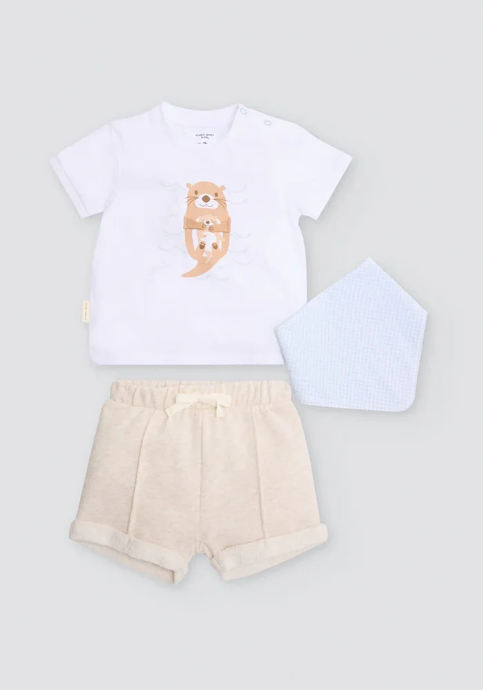 Conjunto bebé 3 piezas estampado nutria- Ysabel Mora