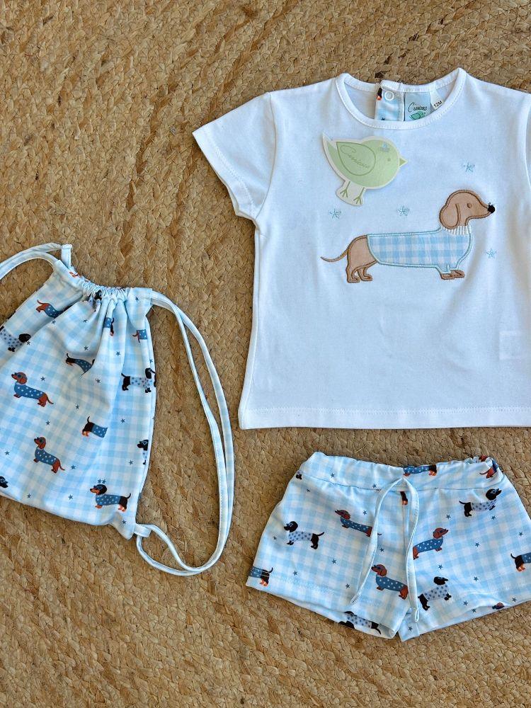 Conjunto Baño Bebe Niño Perro Salchicha Azul - Curricoca