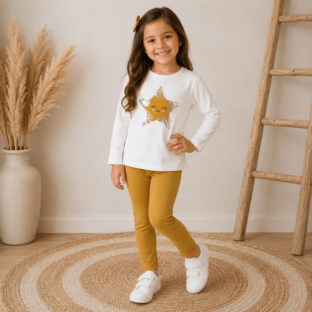 Conjunto Leggins Estrella Lentejuelas Mostaza Niña