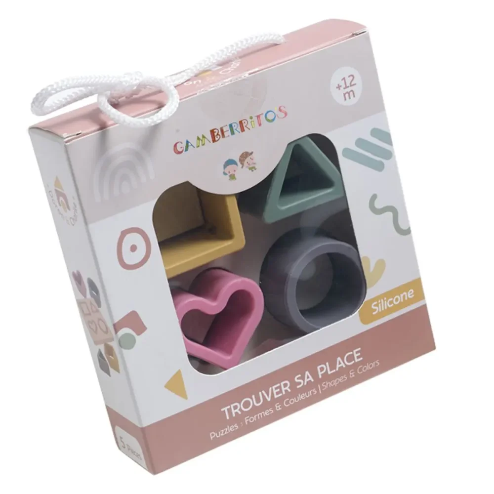 Juego didáctico de formas geométricas de silicona Gamberritos 11018 en tonos pastel, presentado en caja regalo.