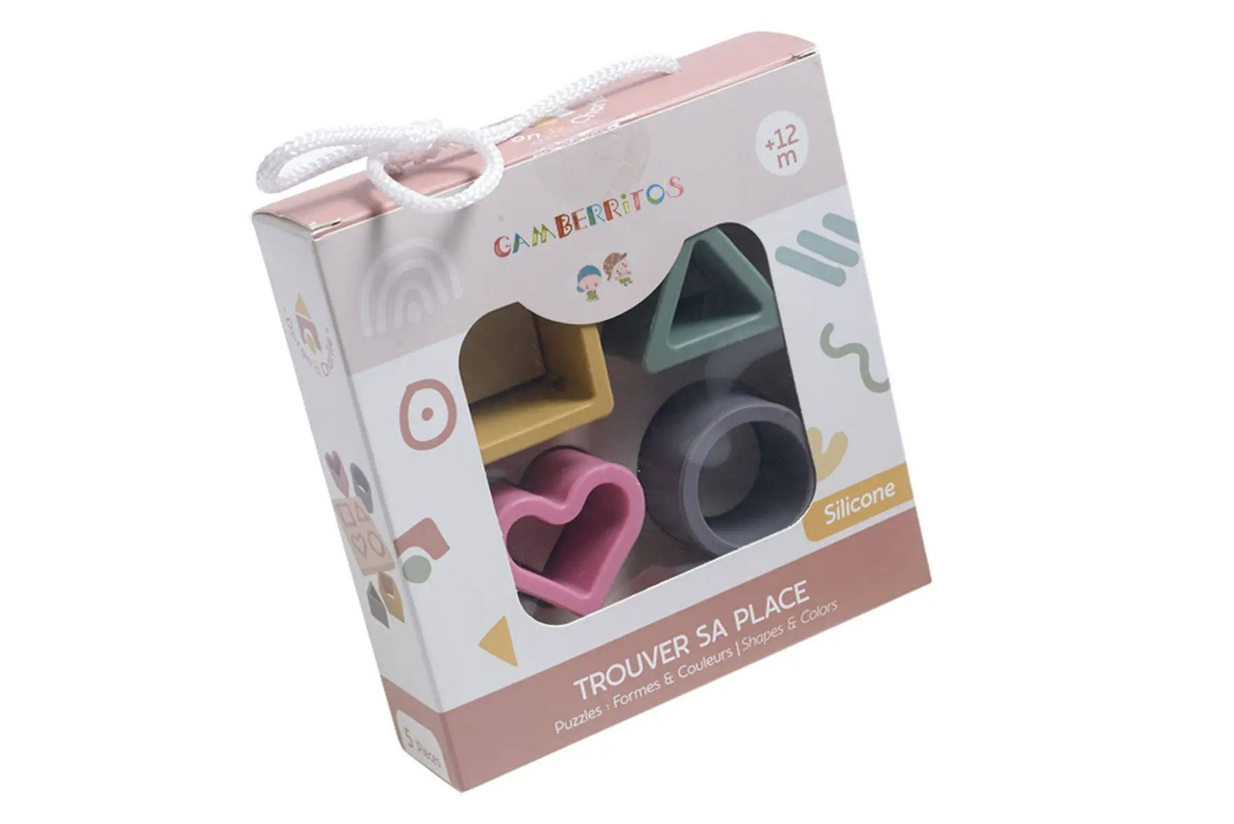 Juego didáctico de formas geométricas de silicona Gamberritos 11018 en tonos pastel, presentado en caja regalo.