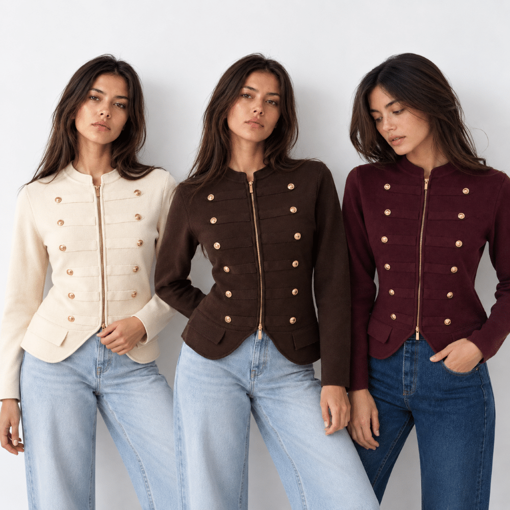 Conjunto de punto camel para mujer con jersey de cuello polo y pantalón ancho.