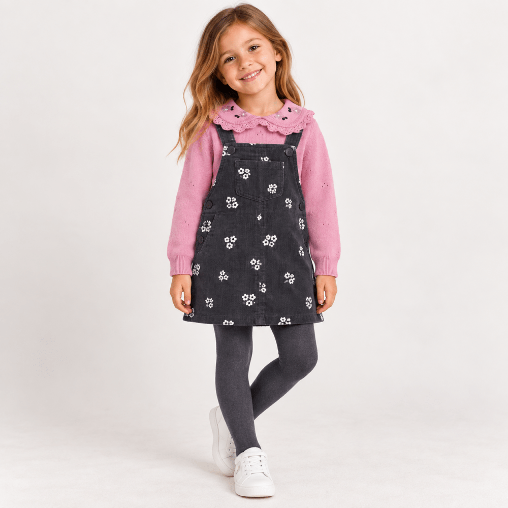 Vestido peto Boboli niña gris oscuro con estampado de flores