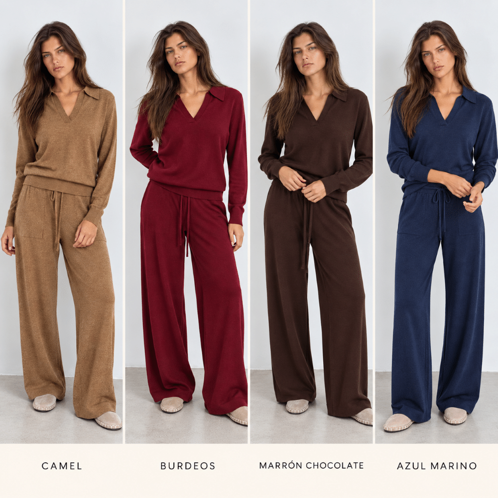 Conjunto de punto camel para mujer con jersey de cuello polo y pantalón ancho.
