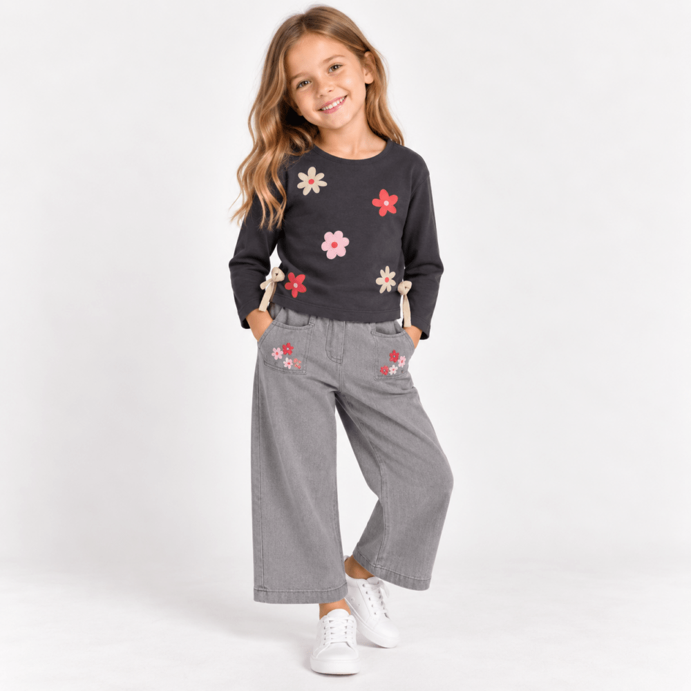 Pantalón Denim Boboli Niña Gris con Flores | The Paradise Noah