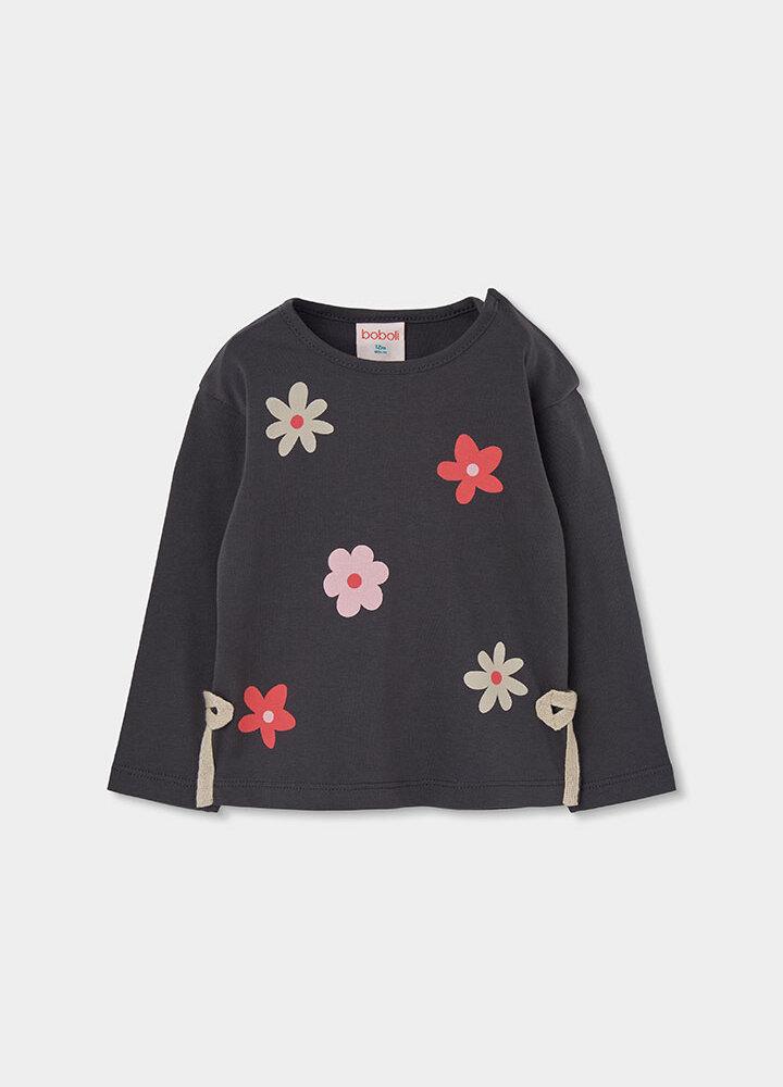 Camiseta Boboli niña gris de manga larga con flores y lazos