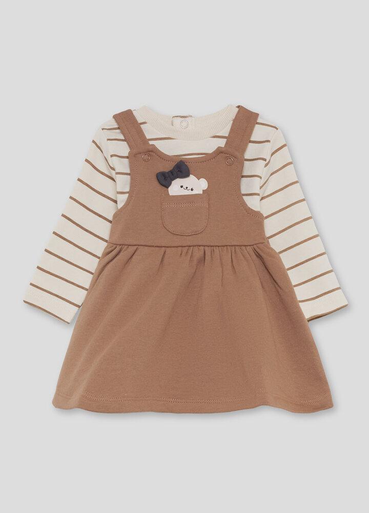 Conjunto bebé niña con pichi camel y camiseta de rayas