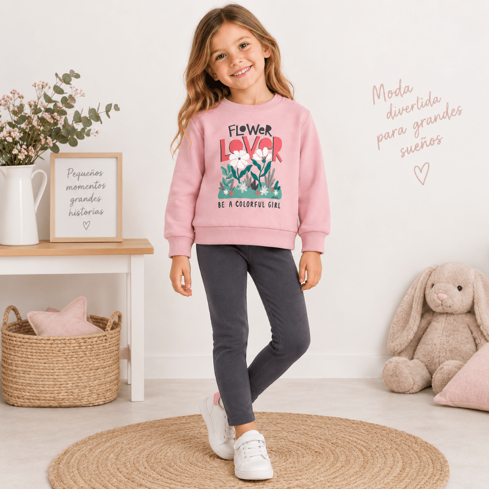 Conjunto Boboli niña con sudadera rosa de flores y leggings gris oscuro