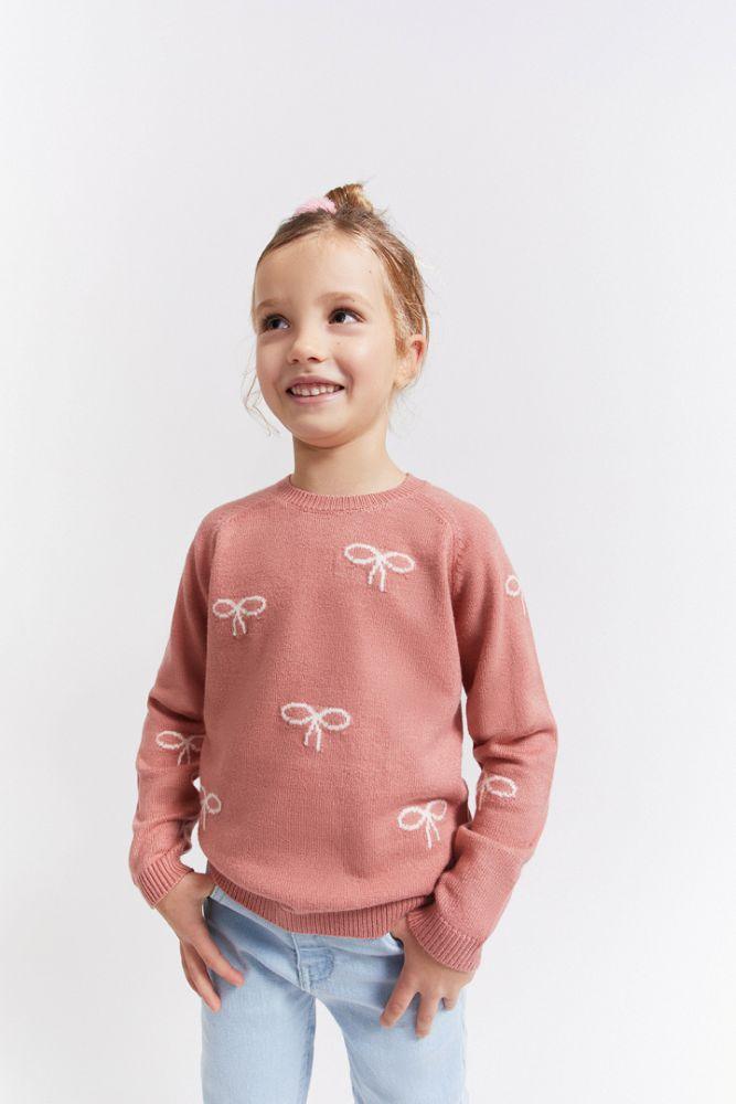 Jersey de niña rosa con lazos blancos de Street Monkey, de punto y manga larga.