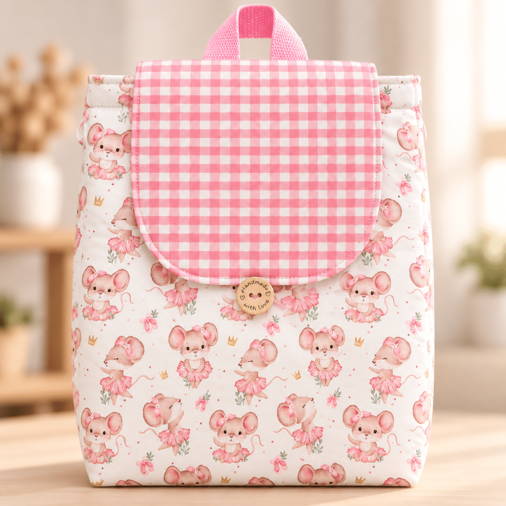 Mochila infantil personalizada de ratitas bailarinas con solapa vichy rosa e interior impermeable de The Paradise Noah.