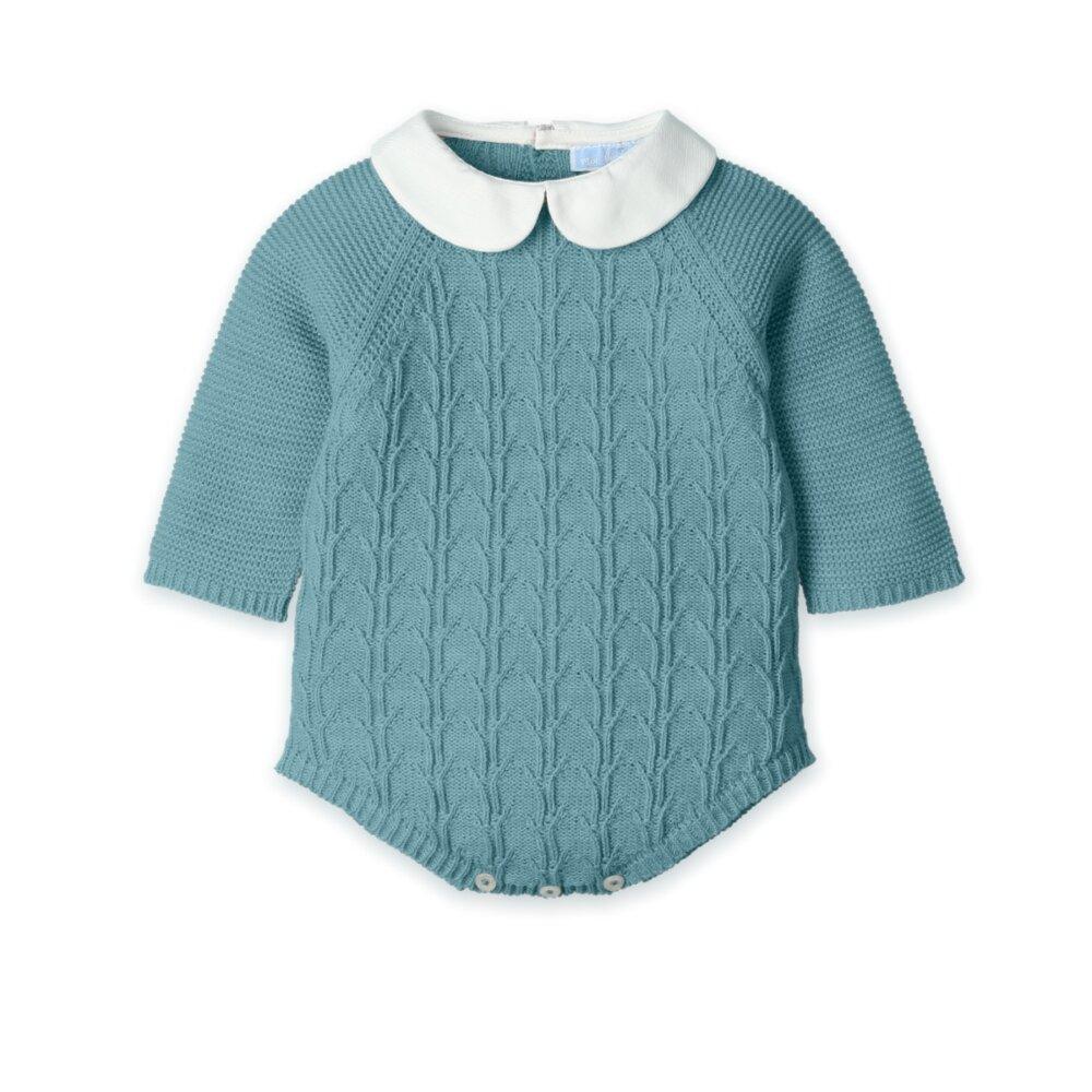 Pelele de punto verde agua Mac Ilusión con cuello bebé blanco y dibujo de ochos