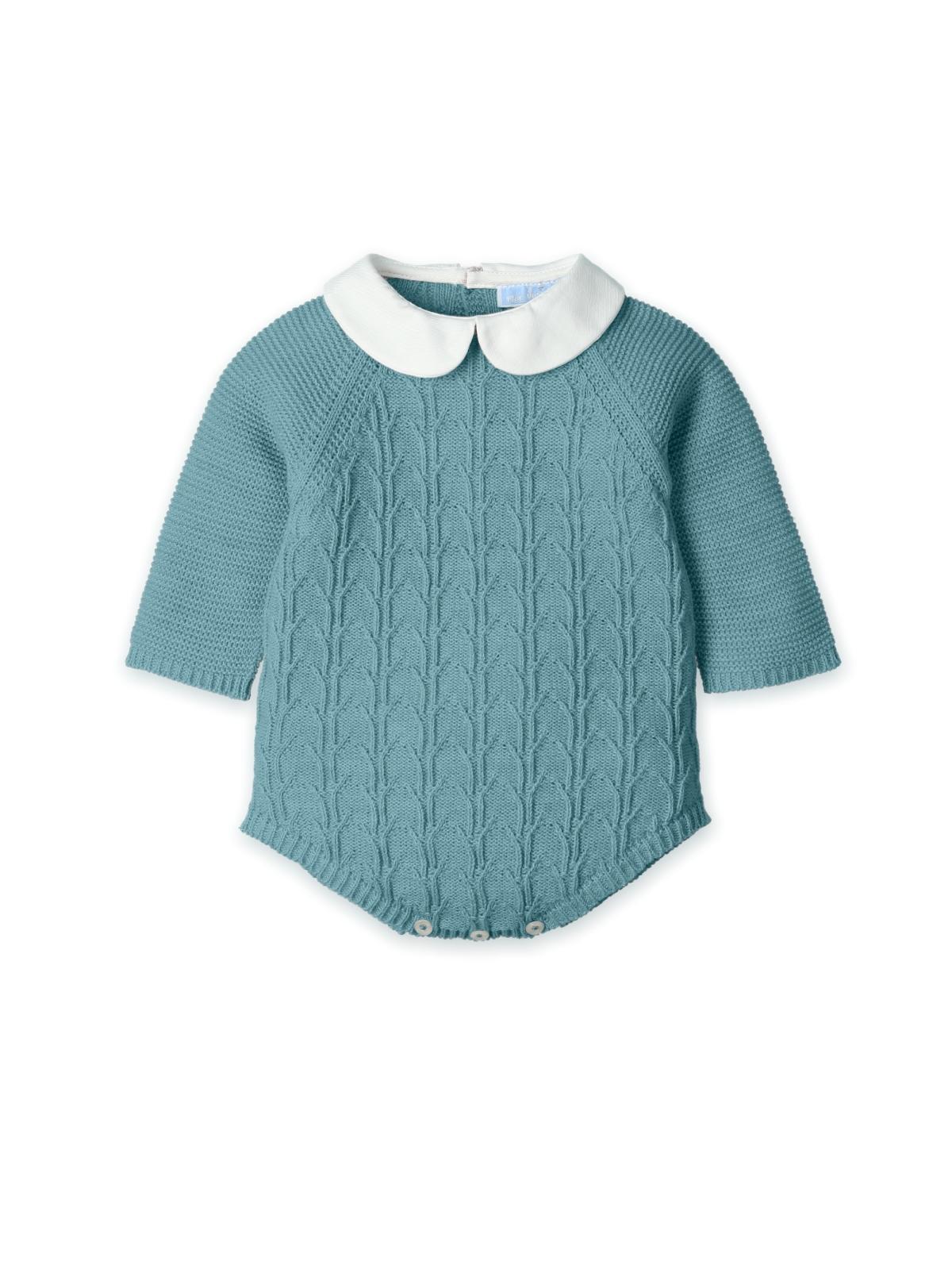 Pelele de punto verde agua Mac Ilusión con cuello bebé blanco y dibujo de ochos