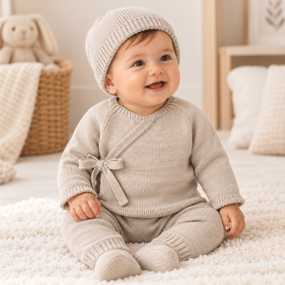 Bebé con conjunto de punto beige Mac Ilusión de tres piezas con jersey cruzado, pantalón largo y gorrito a juego.