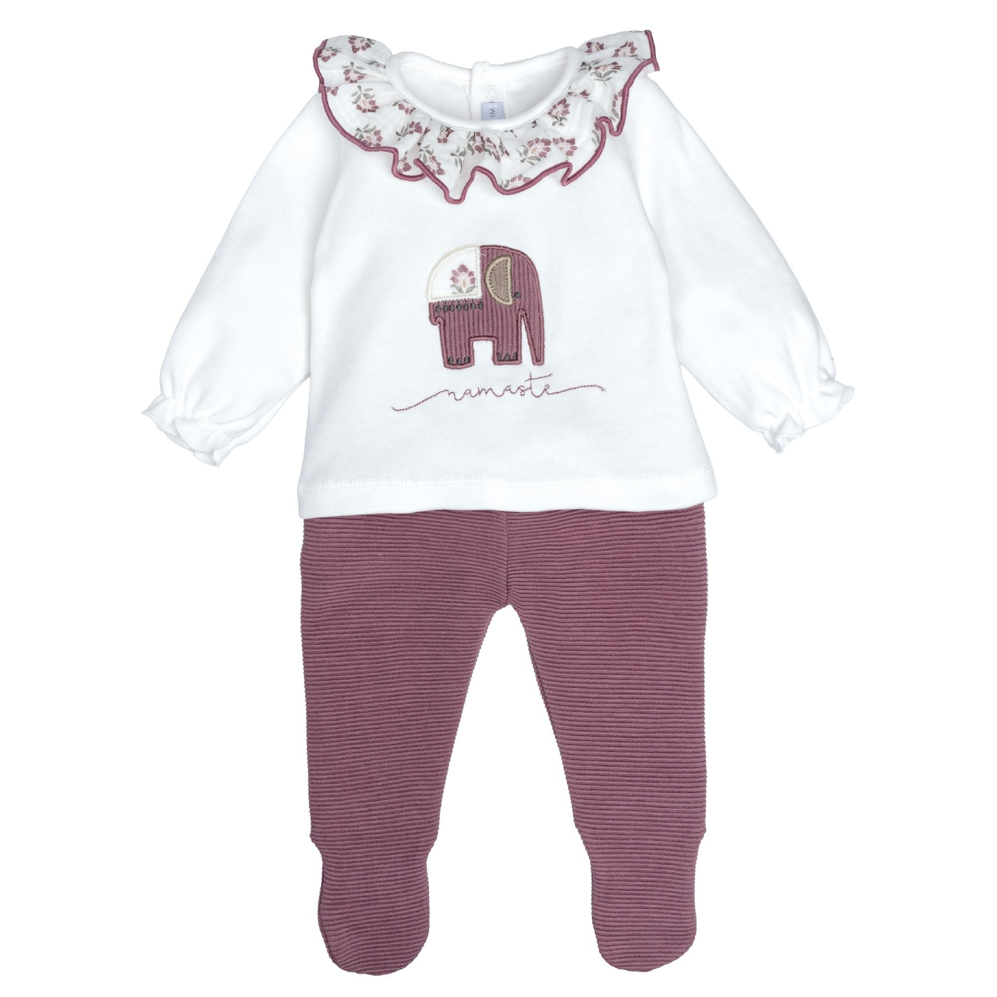Conjunto bebé niña Calamaro Meira con elefante bordado y polaina rosa