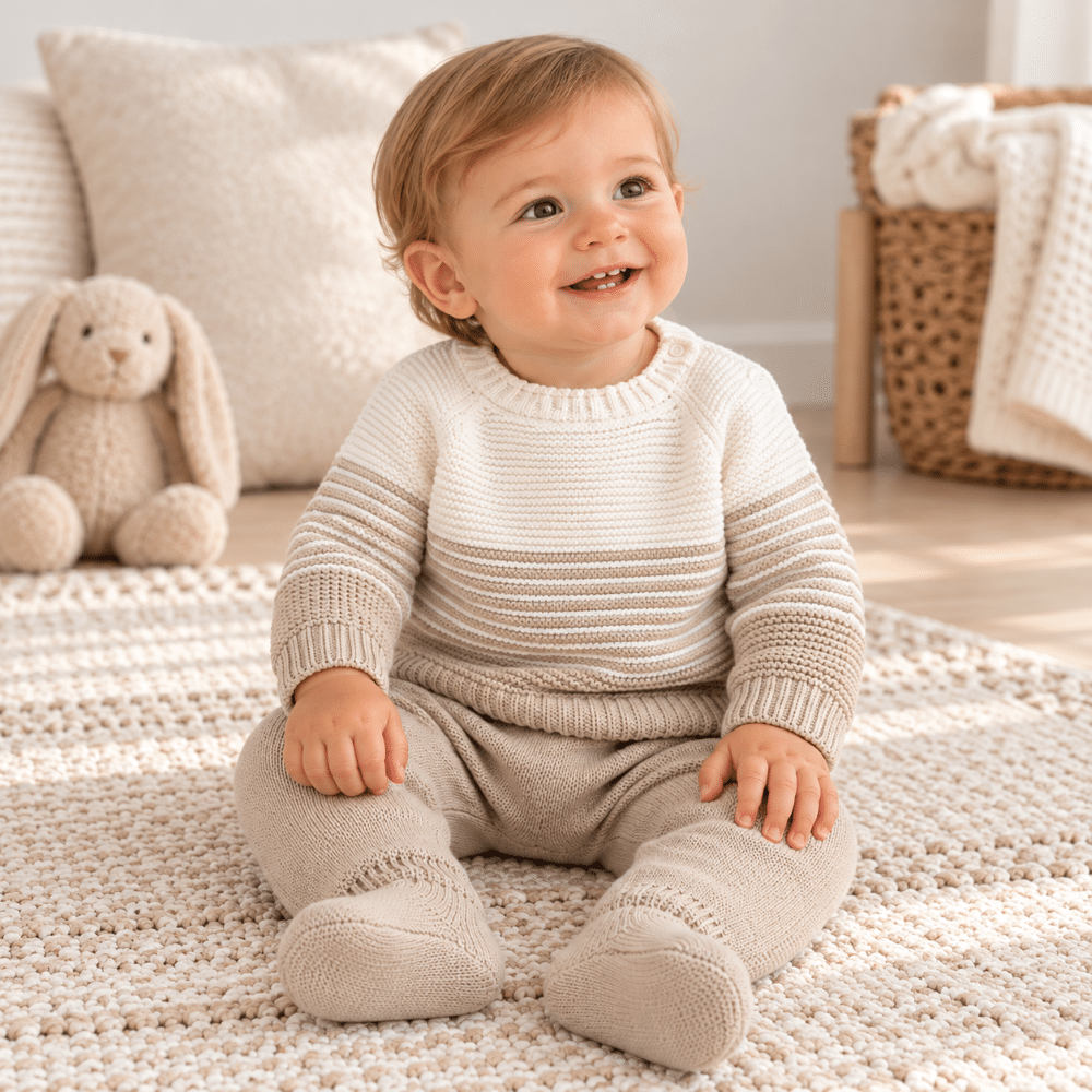 Bebé con conjunto de punto Street Monkey de jersey y polaina beige