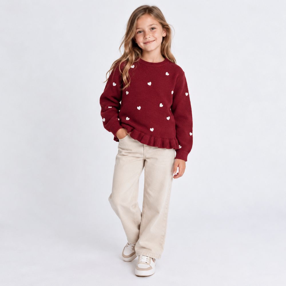 Niña con jersey burdeos de corazones blancos y volantes Street Monkey