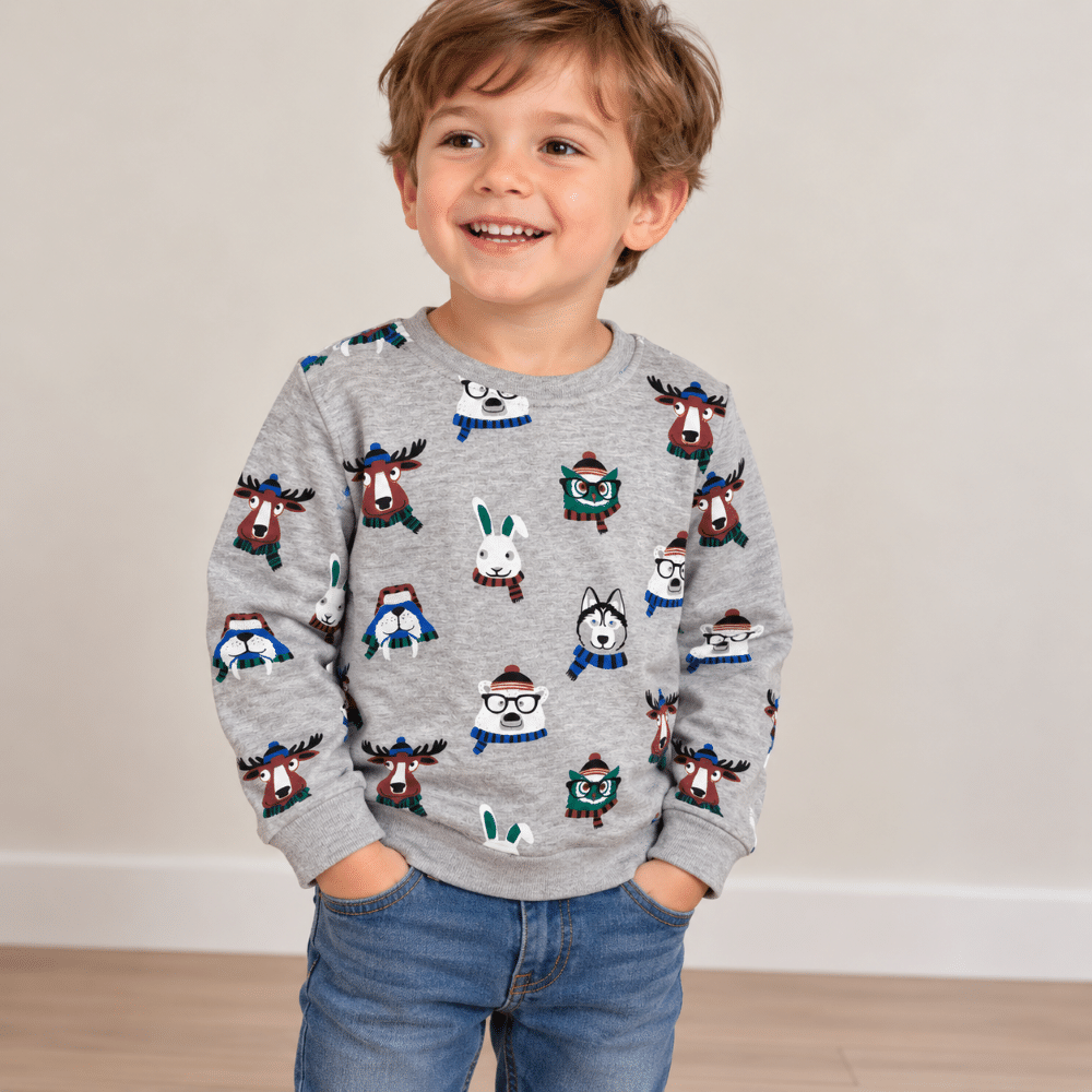 Sudadera infantil gris con estampado de animales de invierno para niño